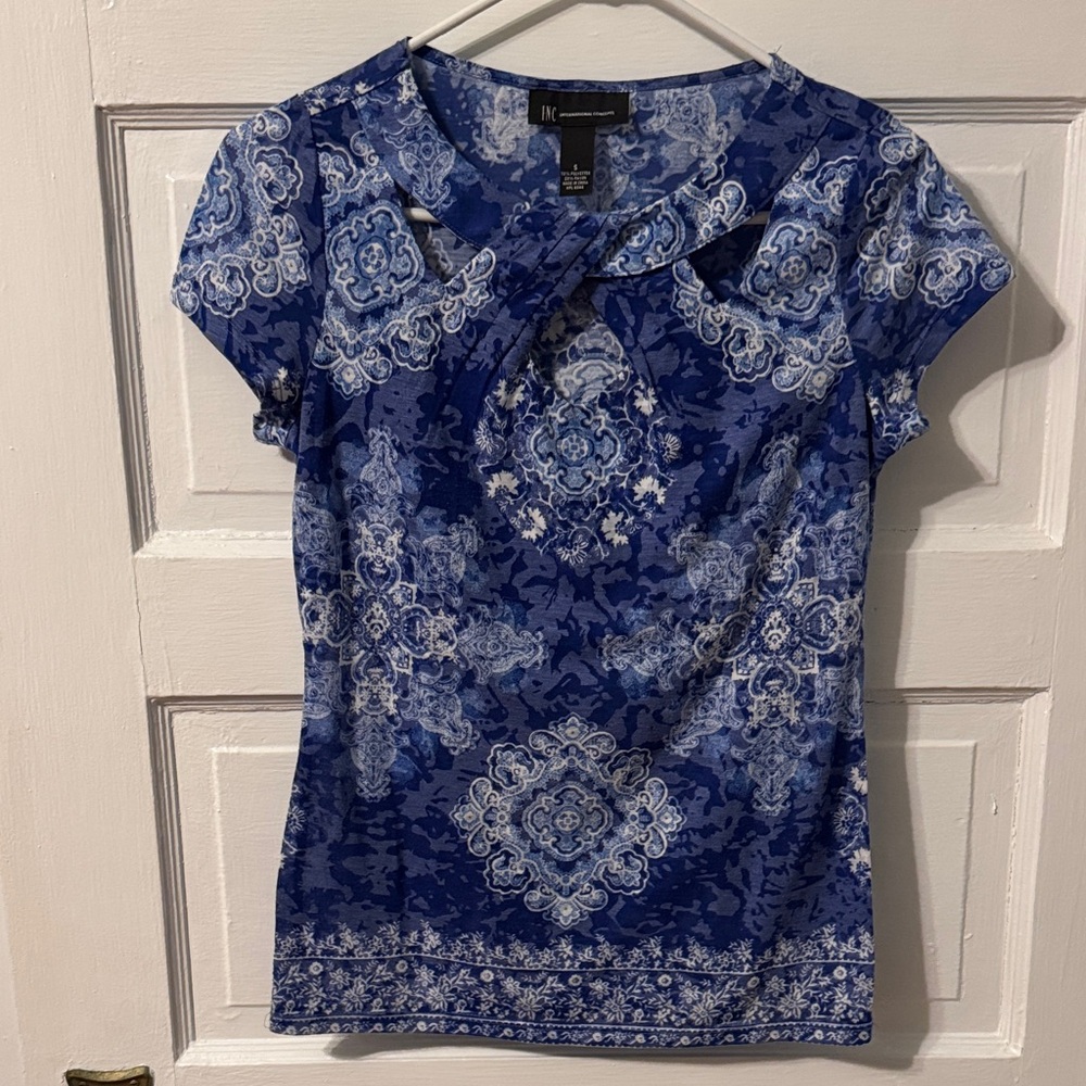 INC International Concepts Royal Blue & White Printed Short-Sleeve Top